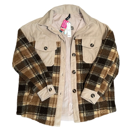 AKAIV Jackets & Blazers - NWT Brown/Tan Plaid Faux Sherpa & Corduroy Shacket